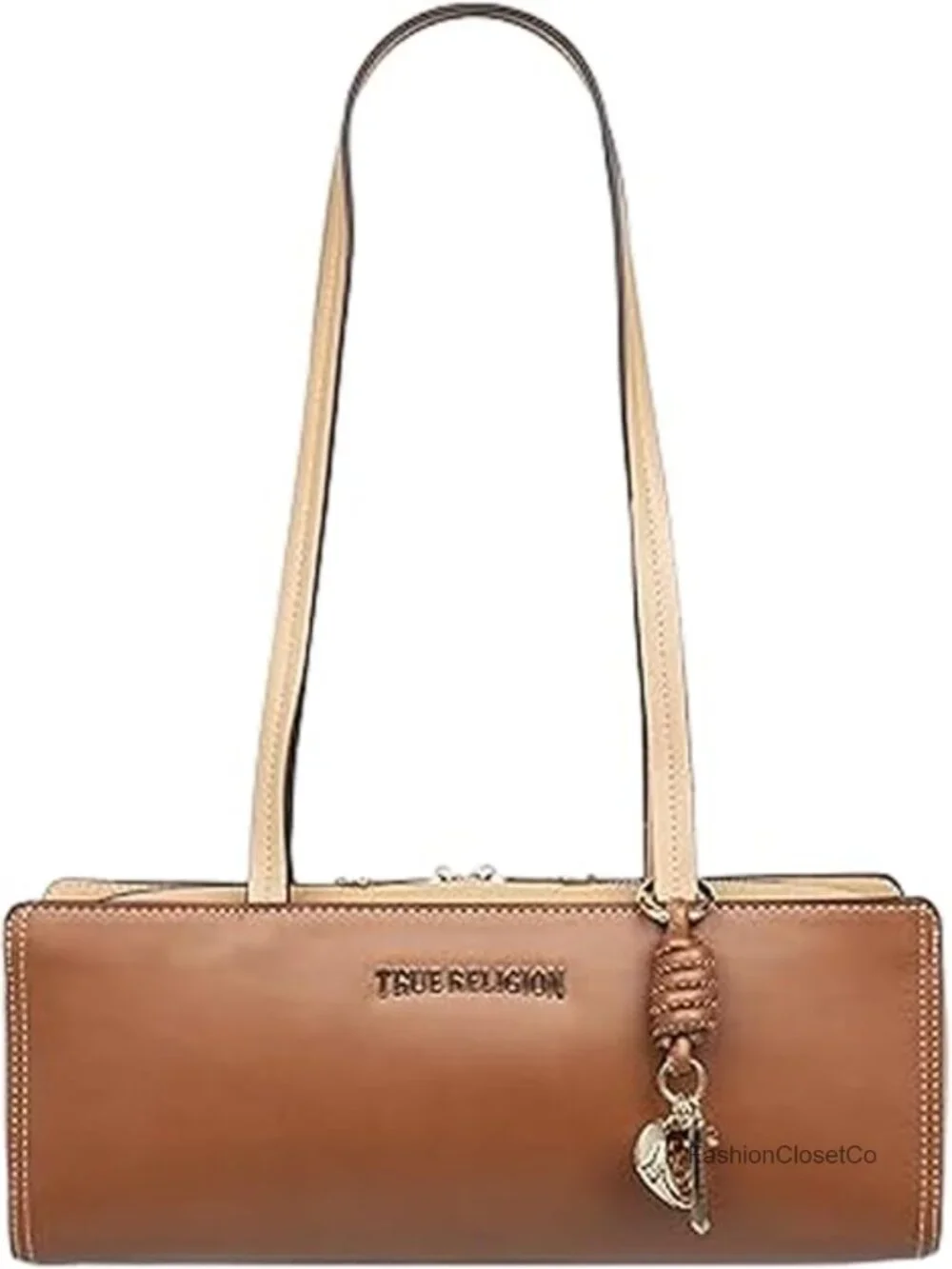 Structured Satchel Purse with Dual Shoulder Straps, Logo Charm, Gold Hardware